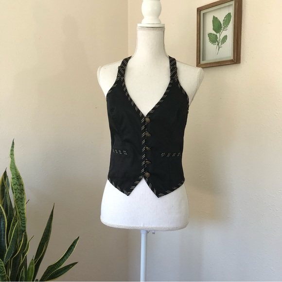 Vintage NWT Guess Vest Y2k Black Vest Halter Button Down L - Picture 2 of 13